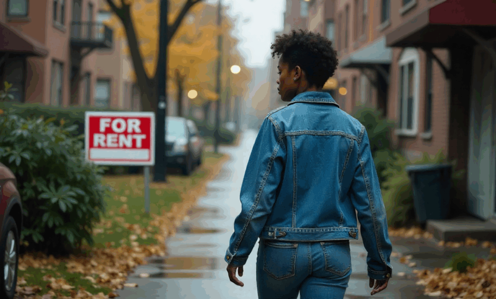 A prospective tenant walking away from a rental sign after a disappointing showing