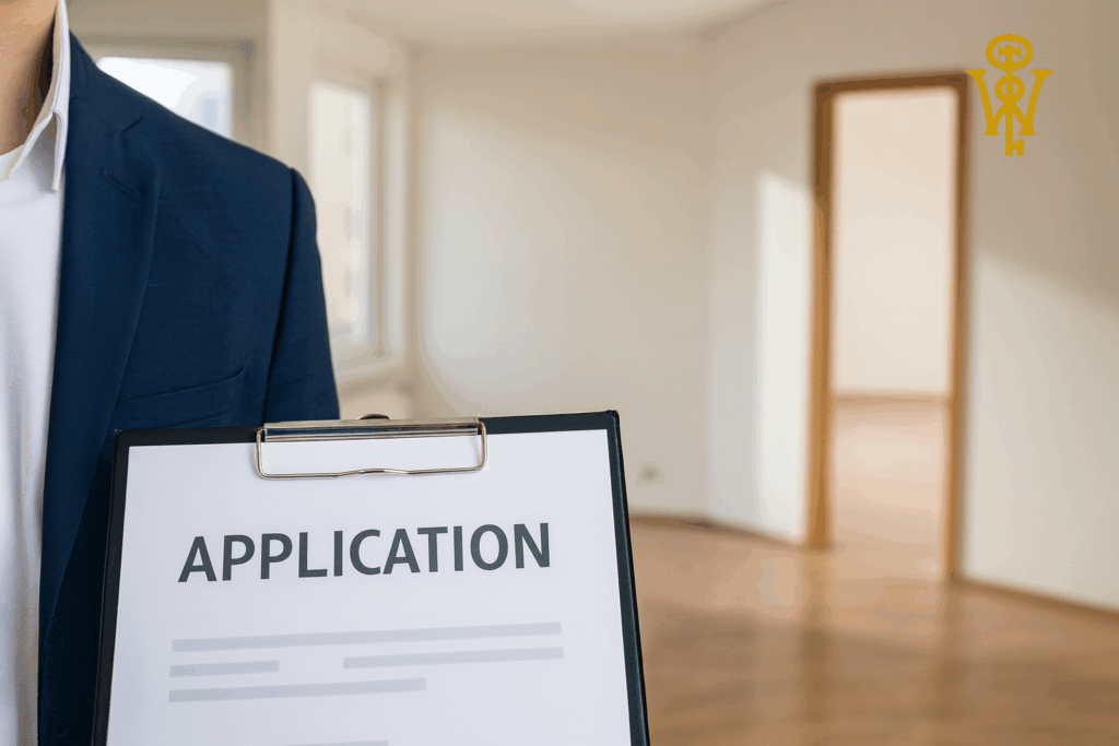 Real estate professional holding a rental application form inside a bright empty apartment, with the Wurth Property Management logo displayed in the corner.