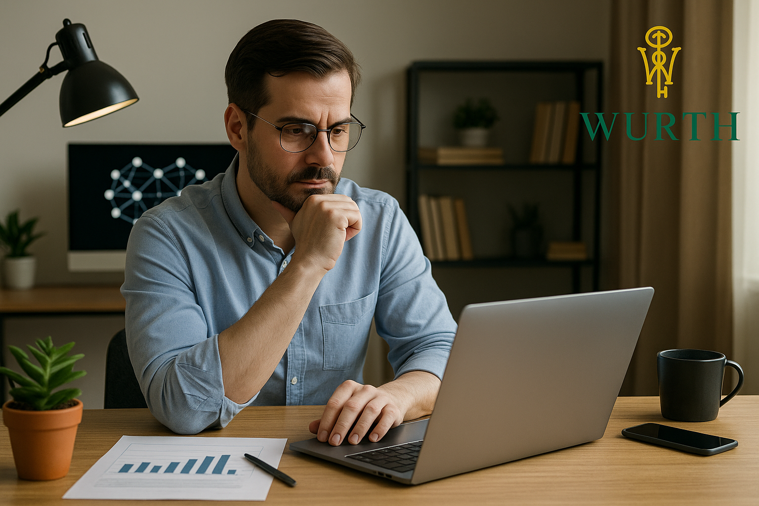 Man analyzing renter data on a laptop in a modern home office, with charts, a neural network graphic, and the Wurth Property Management logo in the background