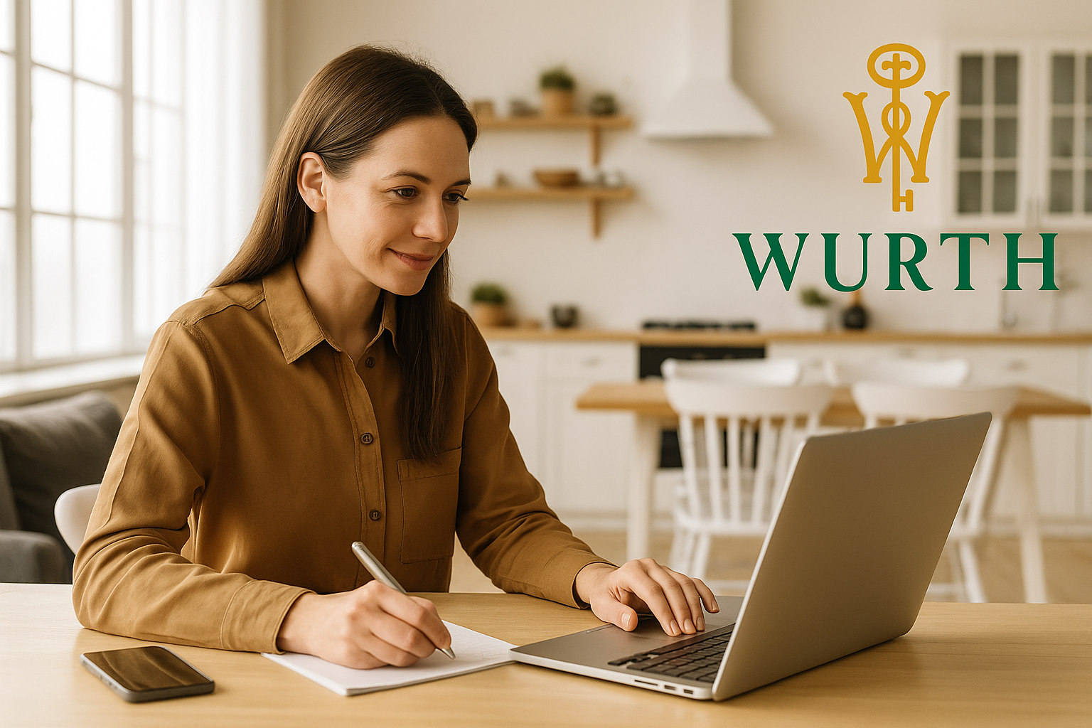 Woman working remotely at a laptop inside a bright Gulf South style home, taking notes during a video call, with the Wurth Property Management logo displayed in the background.